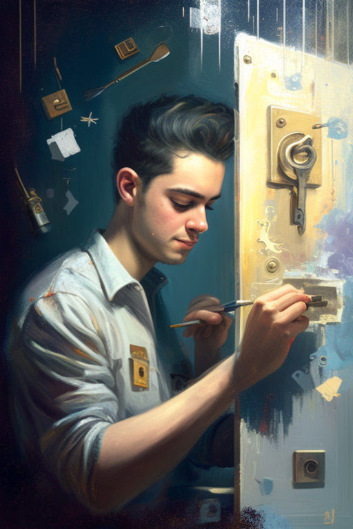 JL_Phygital_young_man_in_an_art_studio_painting_a_security_lock